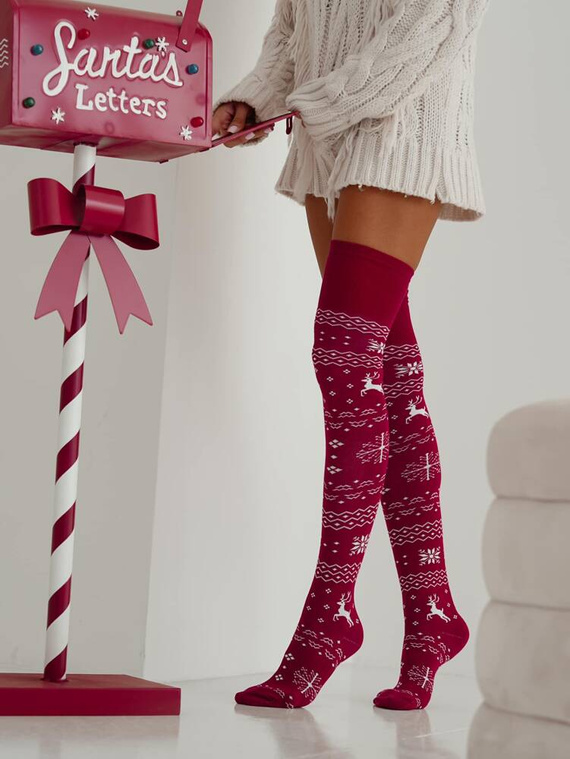 1276 Zakolanówki damskie świąteczne Milena - bordowy