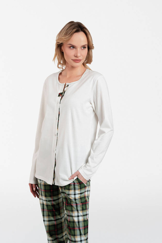 Piżama Damska rozpinana długi rękaw, długie spodnie Asama Italian Fashion ecru/druk