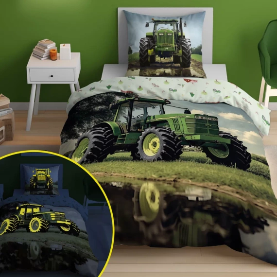 Pościel bawełniana świecąca w ciemności 5409 A Zielony traktor Detexpol 
