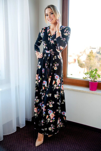 109 Wizytowa Sukienka z długim rękawem MIRACLE- granat w kwiaty 