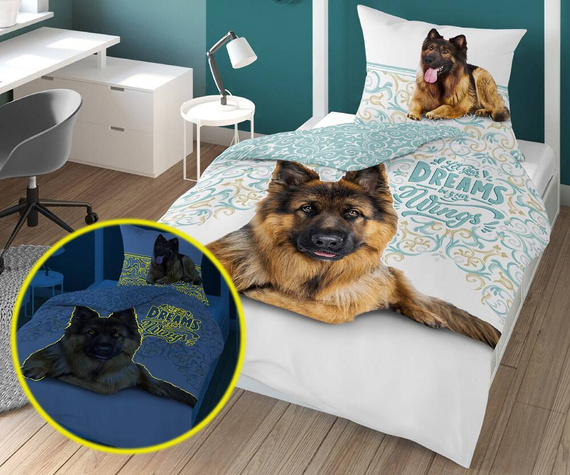 Pościel bawełniana świecąca w ciemności owczarek niemiecki 4023 A Fluo 133 Detexpol