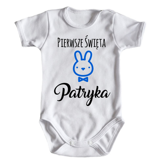 "Pierwsze Święta Wielkanocne niebieskie" body krótki rękaw Moocha białe