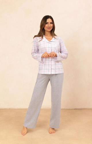 Regina 727 piżama damska szary  – koszula w kratkę, spodnie długie, bawełna