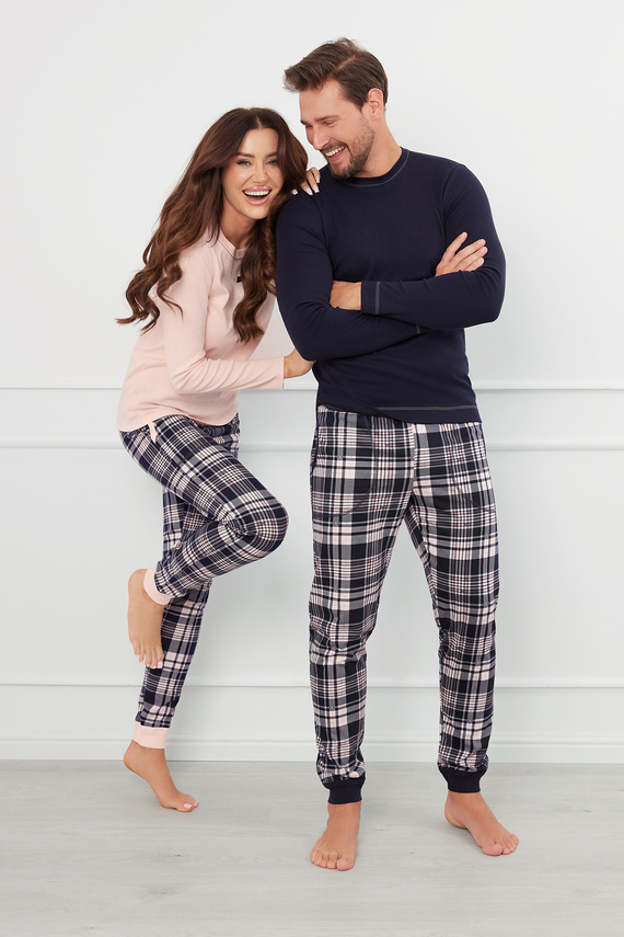 Piżama Męska długi rękaw, długie spodnie Brit talian Fashion - granatowy/druk