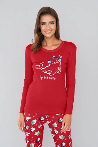Piżama Damska długi rękaw, długie spodnie Kasjana Italian Fashion- czerwony/druk czerwony 
