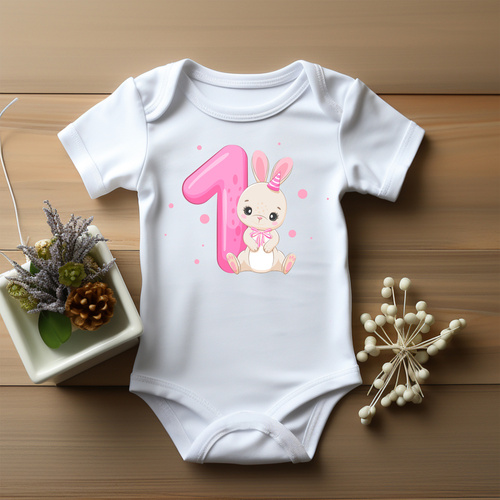 Body krótki rękaw "ROCZEK dla dziewczynki, króliczek jedynka" Moocha biały