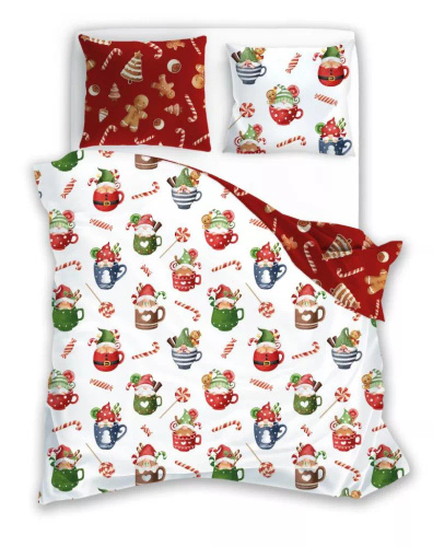 Scandic 062 Scandic Faro biała czerwona skrzaty kubki  – pościel świąteczna dwustronna, bawełna 100%, komplet
