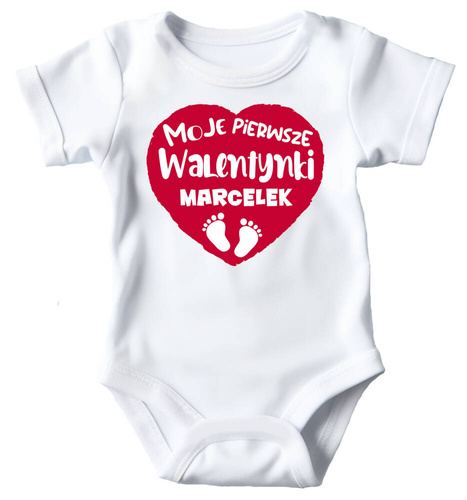 Body krótki rękaw "Moje pierwsze Walentynki + imię" Moocha biały