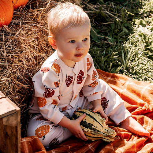 Eevi Pajac niemowlęcy Halloween – ecru, dynie, bawełna, bez stópek