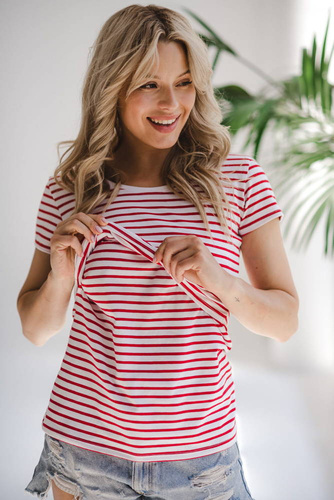 Bluzka do karmienia i ciążowa z krótkim rękawem Milk Shirt Milk&Love w biało-czerwone paski