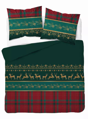 5620 A Magia Świąt Detexpol Pościel świąteczna flanelowa zielona z reniferami i kratą– bawełna 100%, certyfikat OEKO-TEX®