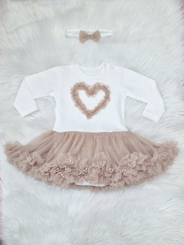 Bambarillo Mia – body-sukienka niemowlęca ecru z tiulem, bawełna z elastanem, długi rękaw