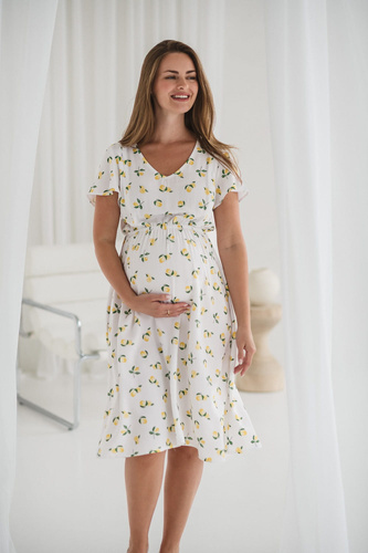 Biała sukienka ciążowa i do karmienia w cytryny – Lovely Dress Midi, krótki rękaw Milk&Love 