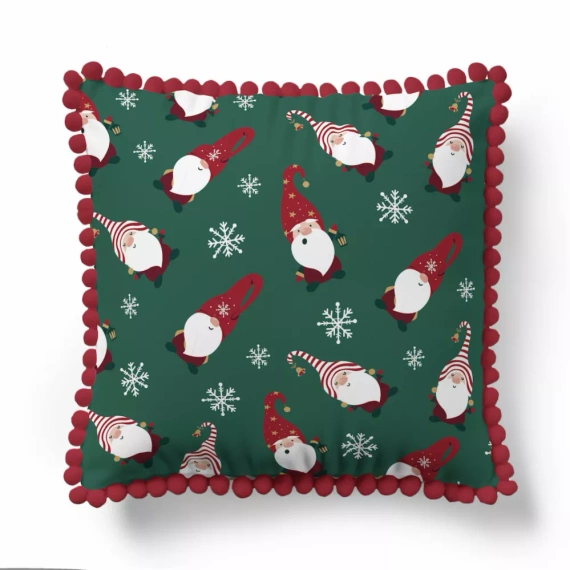 5383 A Christmas Deco Detexpol skrzaty i śnieżynki na zielonym tle– poszewka dekoracyjna świąteczna 45x45, Panama, zamek błyskawiczny