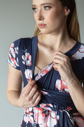 Efektowna Sukienka krótki rękaw 123 MIRACLE- granatowa duże kwiaty