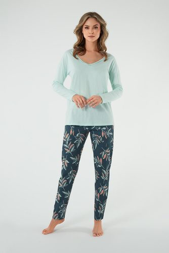 Piżama Damska długi rękaw i spodnie Julietta Italian Fashion -  pistacjowy/druk