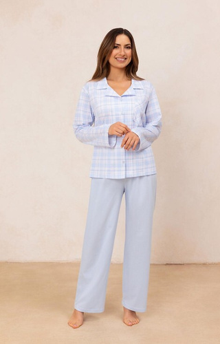 Regina 727 piżama damska niebieska  – koszula w kratkę, spodnie długie, bawełna