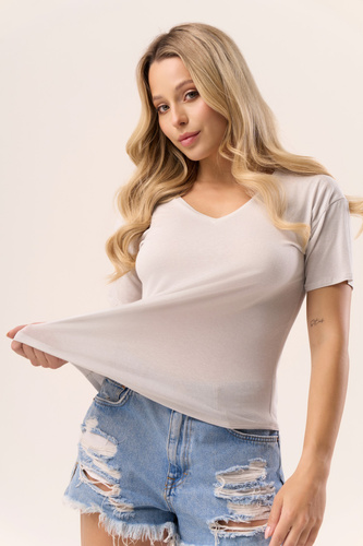 Serina Bluzka Babell popielata – wiskoza, krótki rękaw, dekolt V | stylowa i wygodna