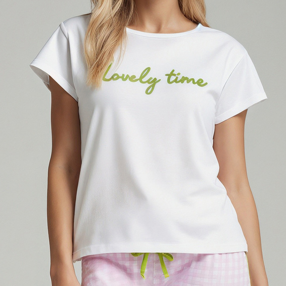 Dana Sorbetto różowa – bawełniana piżama damska z haftem i spodniami w kratkę