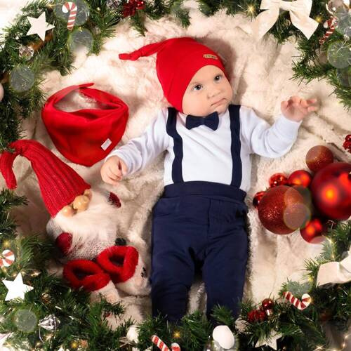 Komplet czapka, apaszka, body i spodnie 163023 "Magia Świąt" Nicol - granatowy