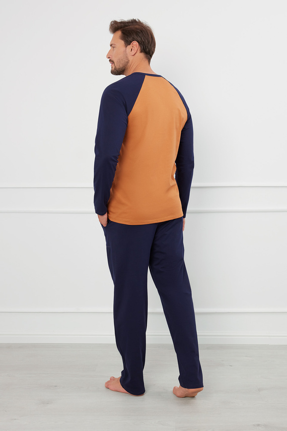 Piżama Męska długi rękaw, długie spodnie Aleksander talian Fashion - koniak/granat