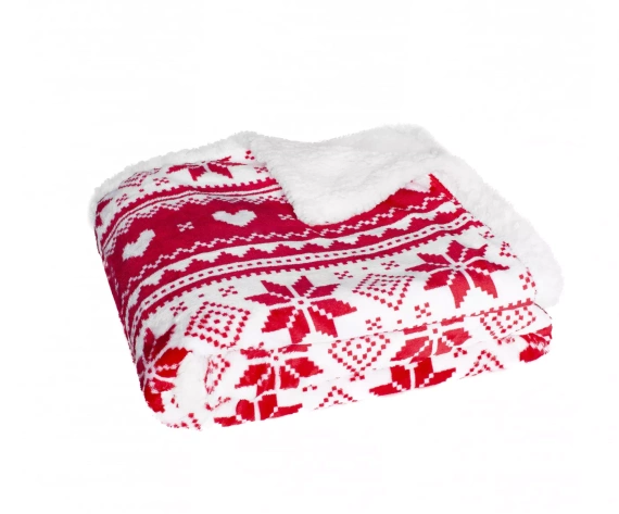 SACO Koc świąteczny 150x200 – czerwony, ciepły, miękki, z norweskim wzorem śnieżynek, w ozdobnym worku