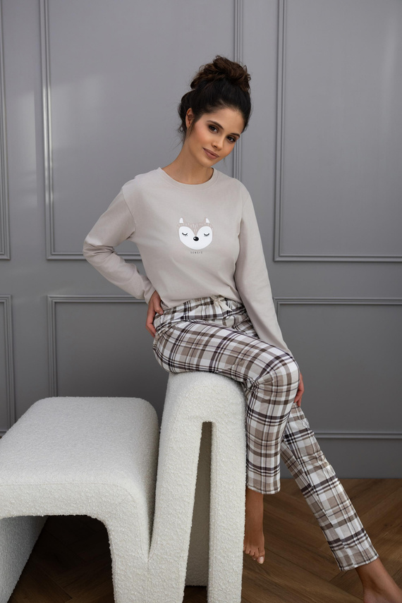 Sensis Tinsley – damska piżama bawełniana z nadrukiem i spodniami w kratkę