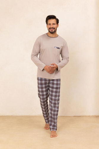 Piżama męska Regina 488 beżowa– bawełna, długi rękaw, wygodna i praktyczna