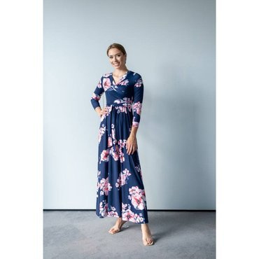 109 Wizytowa Sukienka z długim rękawem MIRACLE- granat w kwiaty