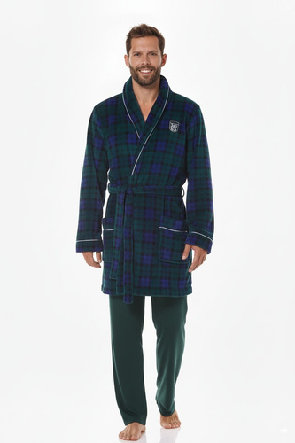 L&L 2456 BJ granatowy– męski szlafrok w kratkę, miękki z kieszeniami