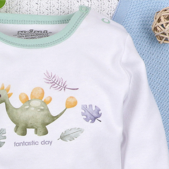 Body niemowlęce Dino Explorer Nini biały– bawełna organiczna, długi rękaw
