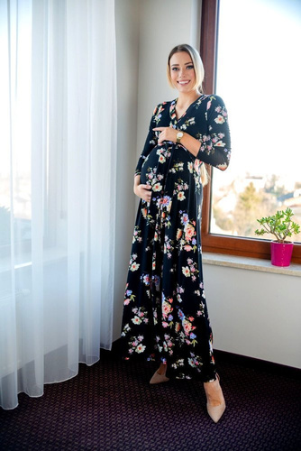 109 Wizytowa Sukienka z długim rękawem MIRACLE- granat w kwiaty 