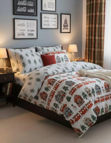 Scandic 075 Scandic Faro biała z motywem świątecznych domków  – pościel świąteczna dwustronna, bawełna 100%, komplet 