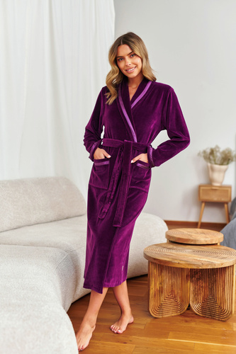 Miękki szlafrok damski z weluru bordowy – wygodny, długi, z kieszeniami | Doctor Nap 1078