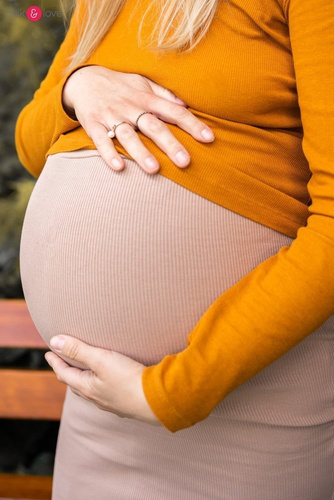 Tummy spódnica ciążowa z dzianiny w prążki Milk&Love beżowy