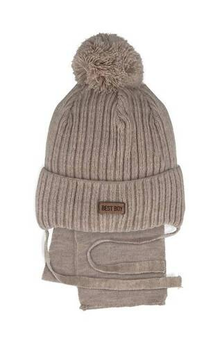 Komplet czapka+szalik 48-316 AJS ciemny beżowy