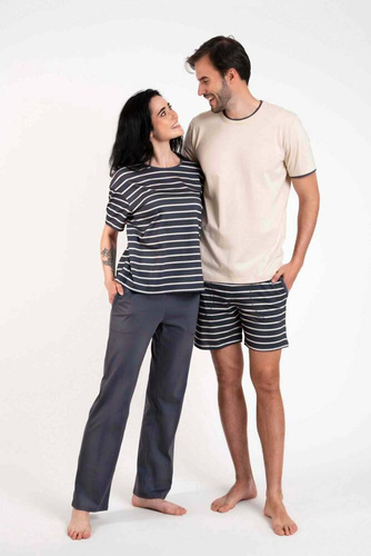 Piżama Damska krótki rękaw, długie spodnie Betty Italian Fashion - druk grafitowy/grafitowy