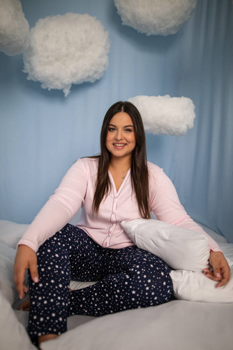 Rozpinana Piżama Damska długi rękaw, spodnie Libra Italian Fashion - różowy/druk