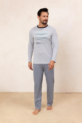 Piżama męska Regina 492  szara– bawełna, długi rękaw, wygodna i praktyczna