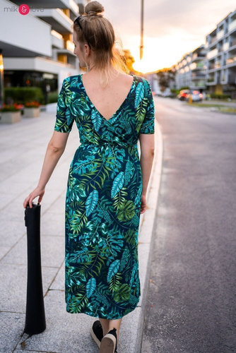 Two Ways LONG Sukienka do karmienia ciążowa krótki rękaw Milk&Love miętowa w magnolie i ptaki