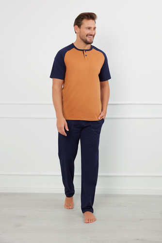 Piżama Męska krótki rękaw, długie spodnie Aleksander talian Fashion - koniak/granat 