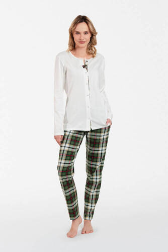 Piżama Damska rozpinana długi rękaw, długie spodnie Asama Italian Fashion ecru/druk