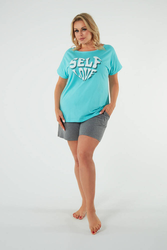 Piżama Damska krótki rękaw, spodenki Selfie Italian Fashion - turkus/melanż 