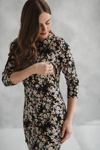 Sukienka do karmienia Milky Classic Milk&Love rękaw 3/4 czarna w kwiatuszki