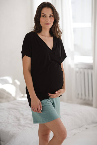 Bambusowa bluzka od piżamy ciążowej do karmienia krótki rękaw Moon Milk&Love czarny