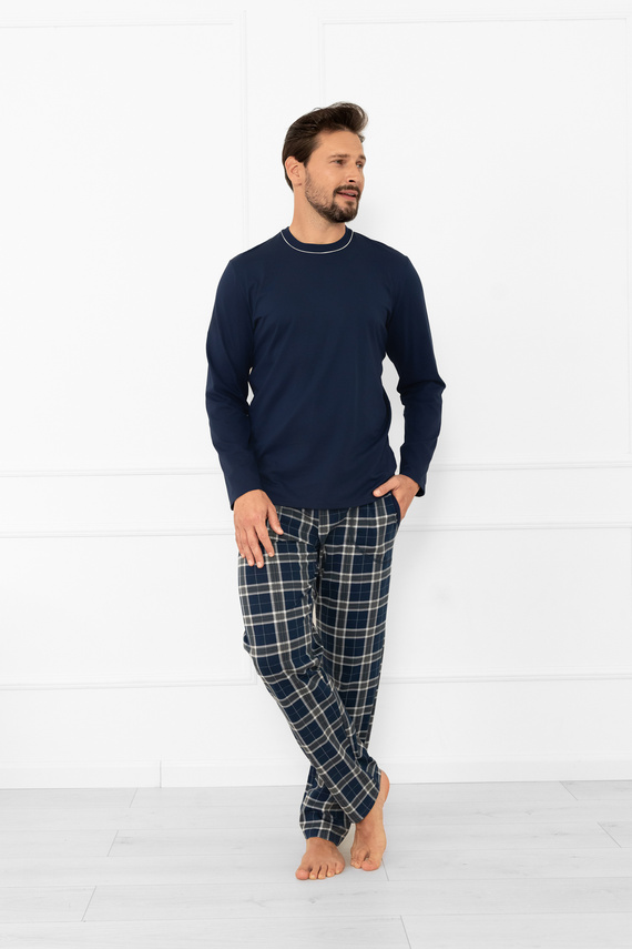Piżama męska Andreas – klasyczny komplet z długą koszulką i spodniami w kratę Italian Fashion - granatowy/druk 