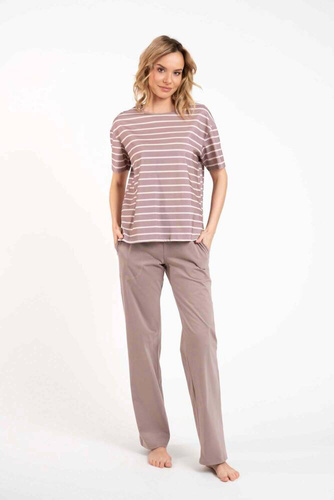 Piżama Damska krótki rękaw, długie spodnie Betty Italian Fashion - cappuccino/druk cappuccino
