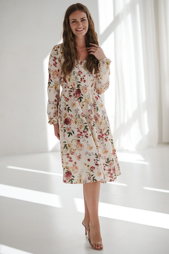 Sukienka ciążowa i do karmienia Lovely Dress Midi Milk&Love kremowa w kwiaty– naturalna tkanina z lnem, elegancka midi z zamkami do karmienia