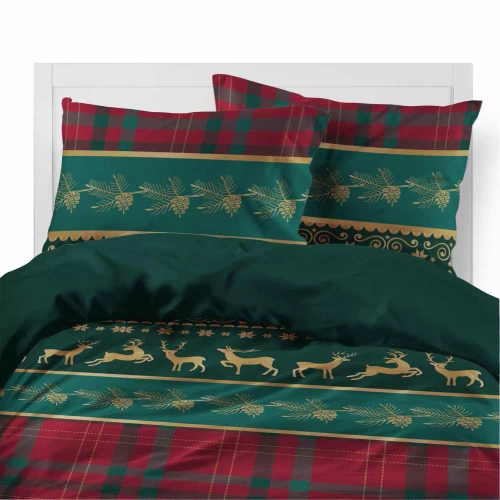 5620 A Magia Świąt Detexpol Pościel świąteczna flanelowa zielona z reniferami i kratą– bawełna 100%, certyfikat OEKO-TEX®