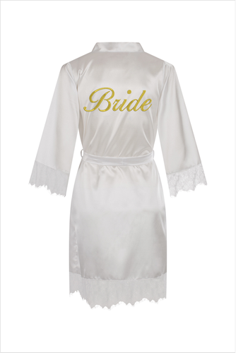 Szlafrok damski satynowy z koronką Bride ByShelly - biały/złoty